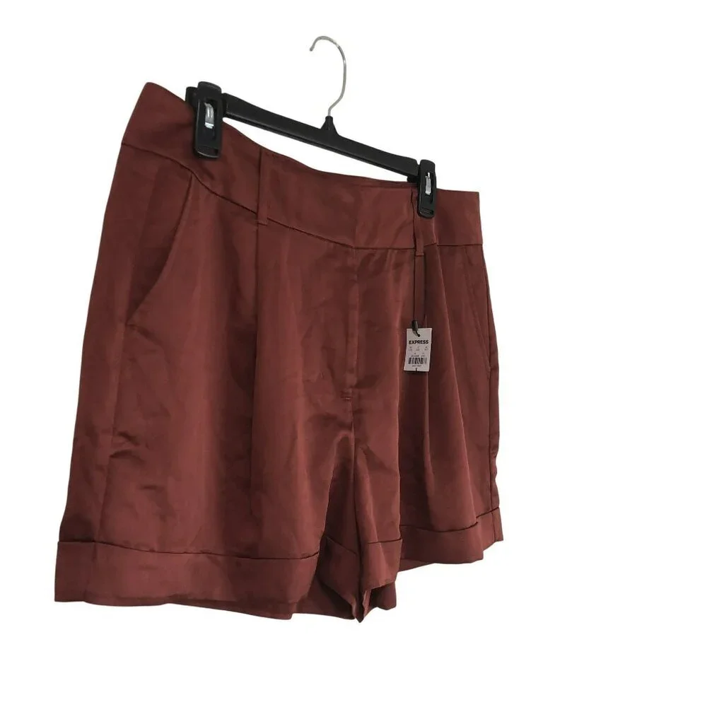 NWT Express Shorts Rust Satin Shortie Size 12 Pockets & Button Closure Womens